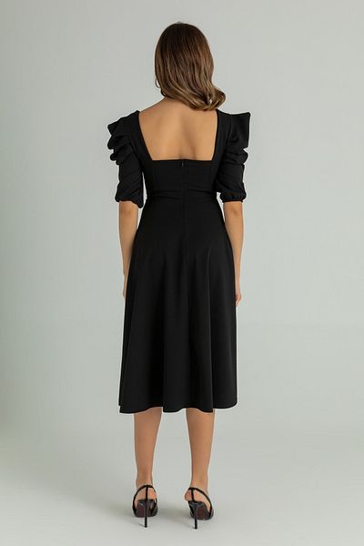 bayansepeti Women's Design Crepe Fabric Square Neck Short Sleeve Midi Length Black Evening Dress 080