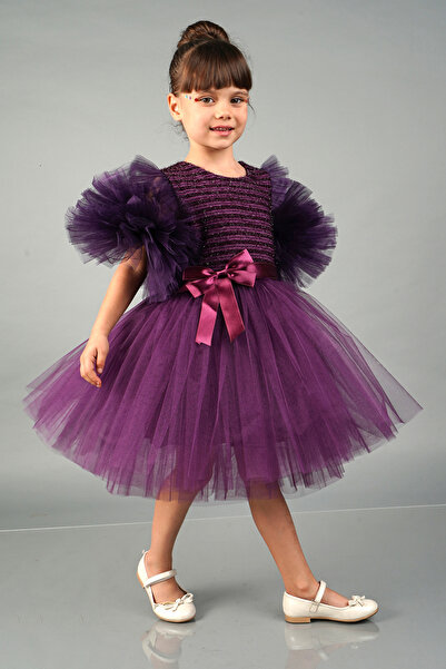 Mixie Mor Ponpon Kollu Tüllü Kız Çocuk Abiye Parti Elbise