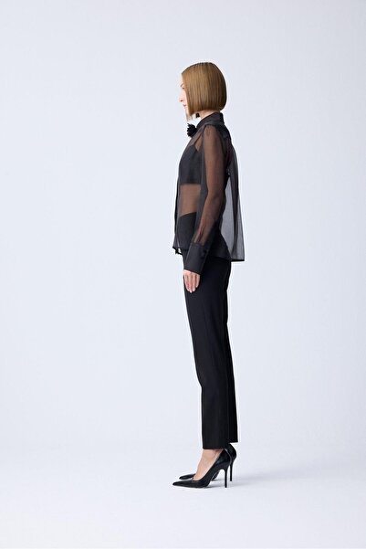 rue Black Transparent Stylish Blouse with Front Buttons