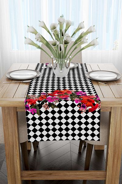 Cango Home Runner cu imprimare digitală cu model floral în carouri alb-negru Cgh1107-rn
