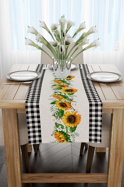 Cango Home Runner cu imprimare digitală cu model de floarea soarelui în carouri alb-negru Cgh1237-rn