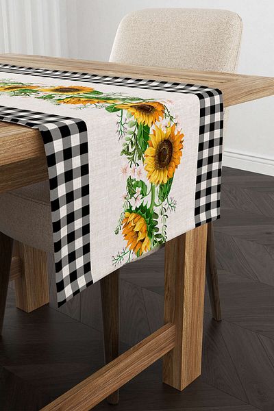 Cango Home Runner cu imprimare digitală cu model de floarea soarelui în carouri alb-negru Cgh1237-rn
