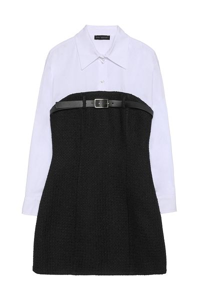 Quzu Rochie cămașă din tweed negru - cu accesoriu pentru centură