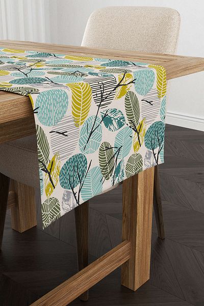 Cango Home Albastru Verde Frunze Decorative Model Digital Printed Runner Cgh1200-rn