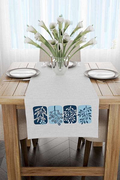 Cango Home Albastru Alb Decorativ Modern Frunze Model Digital Printed Runner 4kmbs125-rn