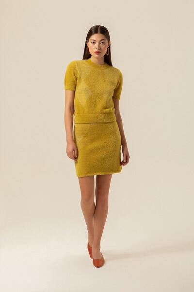 rue Blok Desenli Yeşil Mini Triko Etek