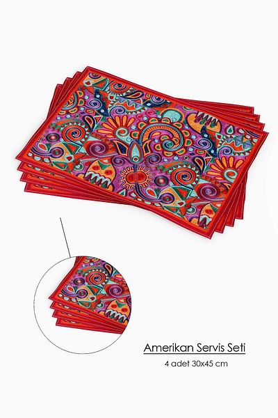 Cango Home Red Vintage Set of 4 with Ethnic Motifs - American Service Cgh1398-As