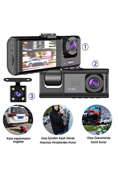 Kensa Black Box 1080p Ön-arka 3 Kameralı 2.0”hd Ekran Ve G Sensörlü Akıllı Araç Kamerası