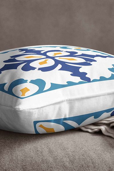 INSENSE HOME Βελούδινο Babyface Λευκό Μπλε Μοντέρνο Ethnic Πλακάκι με μοτίβο ψηφιακής εκτύπωσης Κάλυμμα μαξιλαριού ριχτάρι