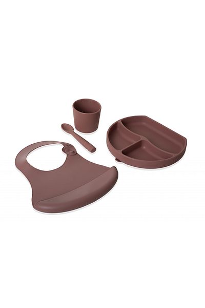 Babyjem Set diversificare 4 piese BabyJem: bavetica, farfurie, lingurita si pahar (Culoare: Maro)