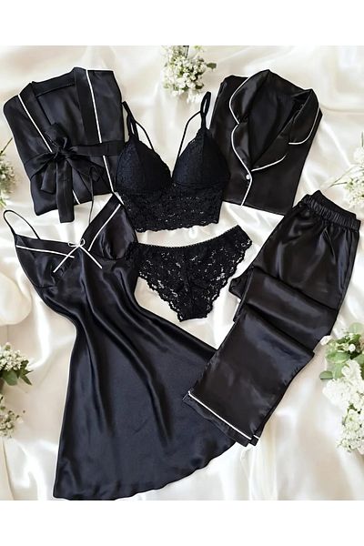 cdh çeyize dair herşey Set pijama 6 piese din satin de mătase Perla Nera neagră - Cămașă de noapte de mireasă 6771