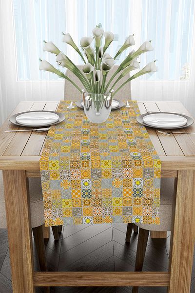 Cango Home Yellow Gray Ramadan Themed Decorative Patterned Digital Printed Runner Cgh1329-rn
