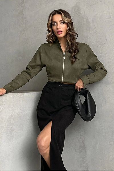 Ecenin Favorileri Fusta midi din piele intoarsa neagra cu fanta in fata