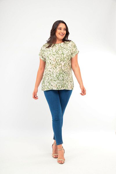 Trend42plus Plus Size Patterned Low Sleeve Basic Khaki Blouse