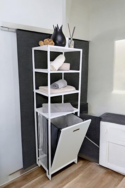 Digithome Metal Kirli Sepetli 4 Raflı Çok Amaçlı Banyo Düzenleyici Raf Organizer Beyaz/beyaz – Mrs-015