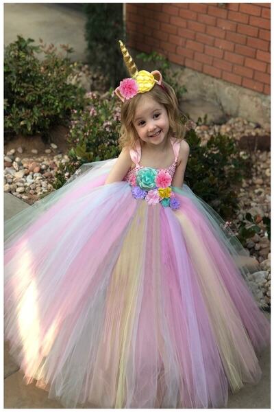 ELALEL TASARIM Kız Çocuk Pembe Unicorn Tütü Elbise Unicorn Taç El Yapımı Doğum Günü Astarsız