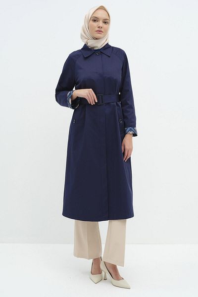 Tuğba Indigo Colored Raglan Double Sleeve Belted Trench Coat