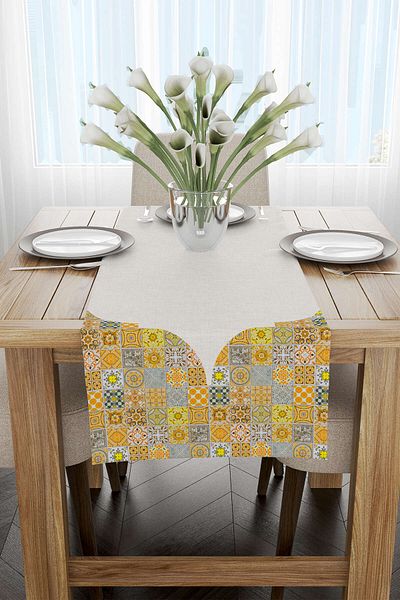 Cango Home Yellow Gray Ramadan Themed Decorative Patterned Digital Printed Runner Cgh1330-rn