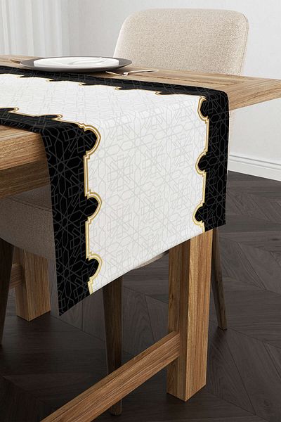 Cango Home Black and White Ramadan Themed Decorative Patterned Digital Printed Runner Cgh1310-rn