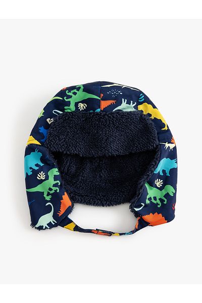 Koton Dinosaur Snow Hat with Faux Fur Inside Earflaps and Chin Lacing Detail