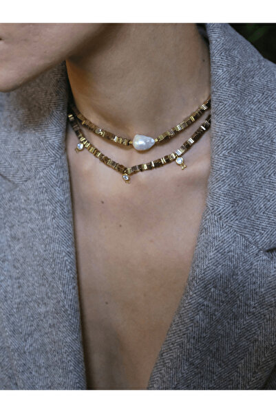 LİNYA JEWELLERY Yarn Barok İncili Hematit Taşlı Kolye