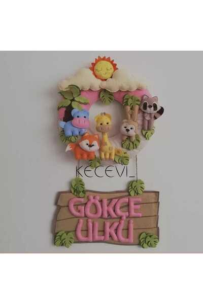 Keçevi Safari Temalı Kız Bebek Kapı Süsü-isme Özel