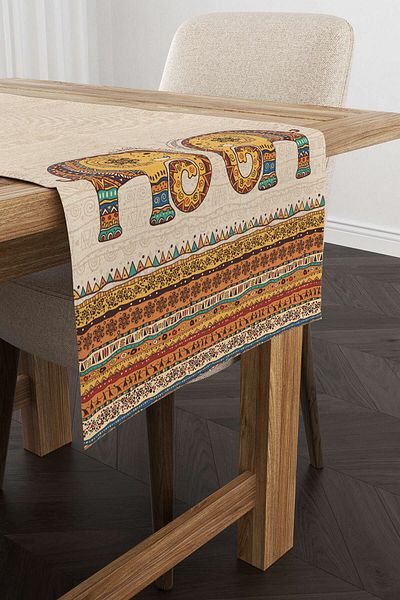 Cango Home Κρεμ Ethnic μοτίβο ελέφαντα με ψηφιακή εκτύπωση Runner -cgh1264-rn