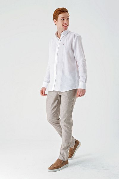 İmza Λευκό μακρυμάνικο χωρίς τσέπη 100% λινό Classic Comfort Fit πουκάμισο με χαλαρή εφαρμογή 1004240186