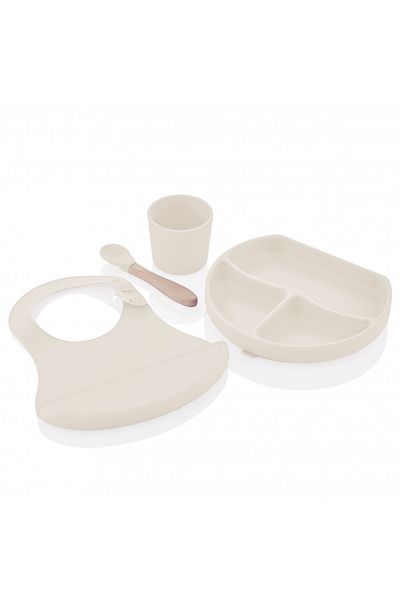 Babyjem Set diversificare 4 piese BabyJem: bavetica, farfurie, lingurita si pahar (Culoare: Ecru)