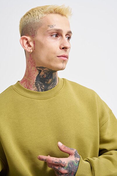 Machinist Hanorac verde oversize cu guler rotund basic pentru bărbați