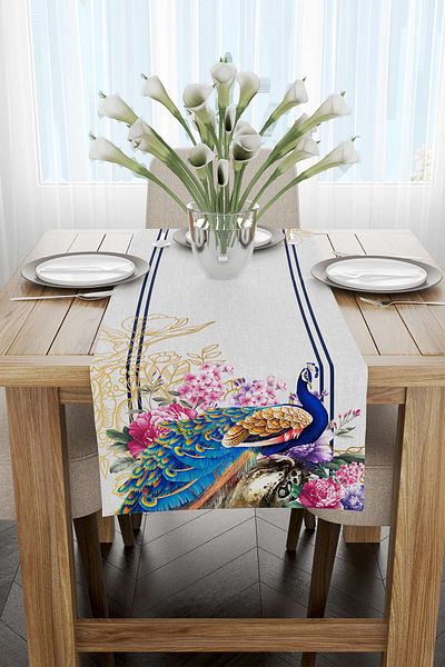 Cango Home Albastru Gri Decorativ Păun Model Digital Printed Runner Cgh1067-rn