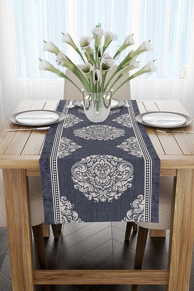Cango Home Albastru Alb Decorativ Damasc Model Digital Printed Runner Cgh1053-rn
