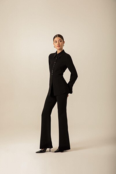 rue Düğme Aksesuarlı Siyah Uzun Gömlek