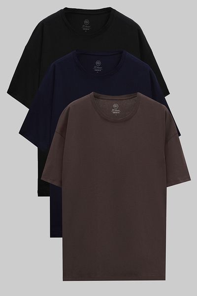 D'S Damat Μπλουζάκι Damat Comfort 3 τεμαχίων Loose Cut - Μαύρο/Ναυτικό/Καφέ 100% βαμβάκι