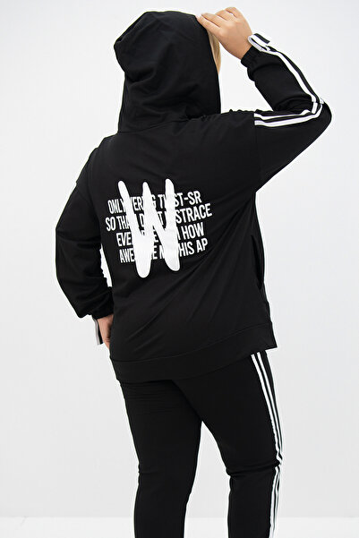 FEEL STYLE Γυναικείο Σετ Φούτερ με Μαύρο Μεγάλο Μέγεθος με Κουκούλα Fermaur και Πλαϊνή Λεπτομέρεια από Ύφασμα