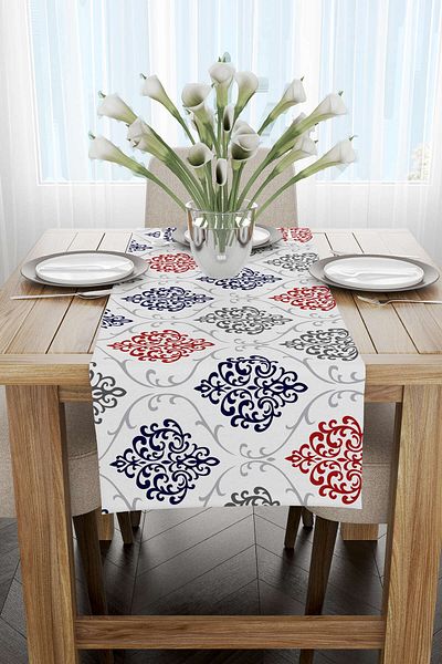 Cango Home Runner cu imprimare digitală cu model damasc albastru roșu - Otyk451-rn