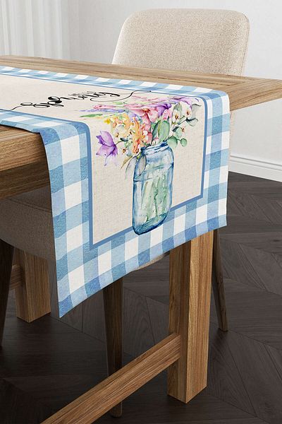 Cango Home Runner cu imprimare digitală cu model floral cu tema de primăvară în carouri albastre și albe Cgh1090-rn
