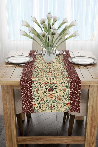 Cango Home Motiv Roșu Claret Motiv Floral Pasăre Imprimat Digital Runner Cgh1382-rn
