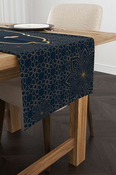 Cango Home Navy Blue Yellow Ramadan με θέμα διακοσμητικό μοτίβο ψηφιακής εκτύπωσης Runner Cgh1295-rn