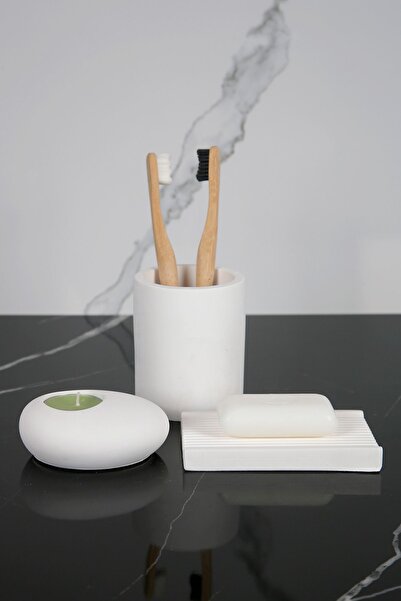 betonmall Σετ μπάνιου από σκυρόδεμα 8 τεμαχίων Διανομέας σαπουνιού συμπαγούς υγρού Θήκη οδοντόβουρτσας Κηροπήγιο Δίσκος παρουσίασης Βαμβακερό κουτί