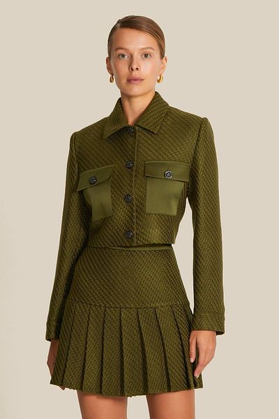 rue Pleated Khaki Mini Tweed Skirt