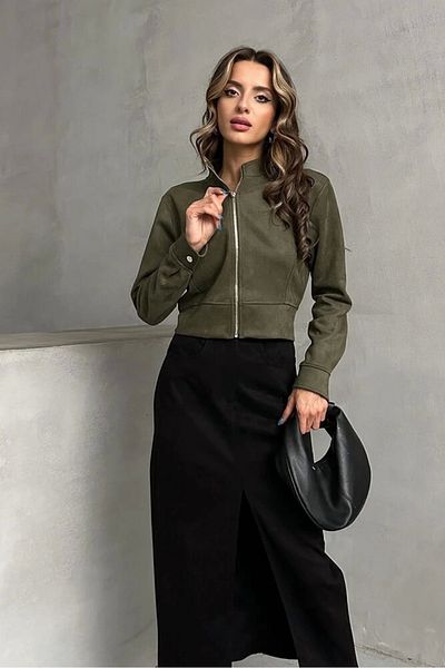 Ecenin Favorileri Fusta midi din piele intoarsa neagra cu fanta in fata