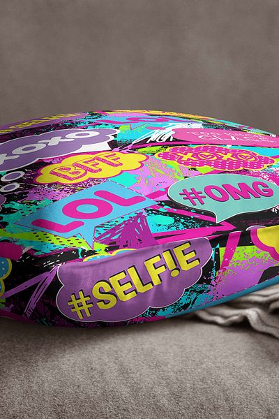 INSENSE HOME Velvet Babyface Față de pernă neagră, multicoloră, cu model Popart, imprimare digitală - Cgh391
