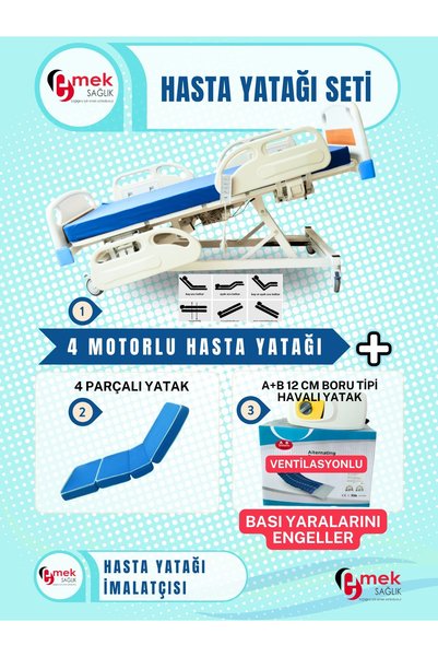 emek sağlık 4 Motorlu Full ABS Hasta Karyolası + 4 Parçalı Yatak + A+B 12 cm Boru Tipi Havalı Yatak Takım