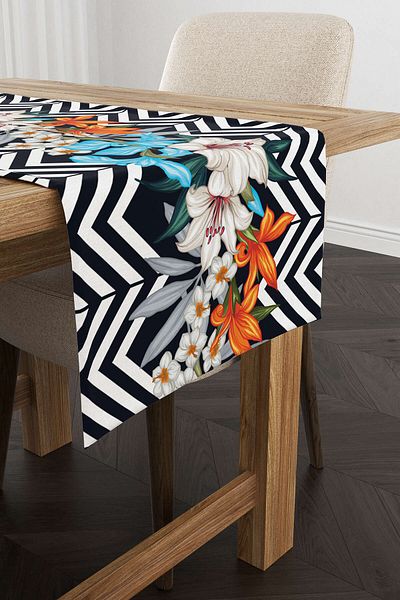 Cango Home Runner cu imprimare digitală cu model în zig-zag floral alb-negru - Otyk523-rn