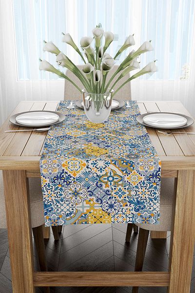 Cango Home Albastru Galben Vintage Retro Model Digital Printed Runner Cgh614-rn