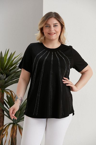 SERTUĞ Plus Size Black Blouse with Curved Stone Detail