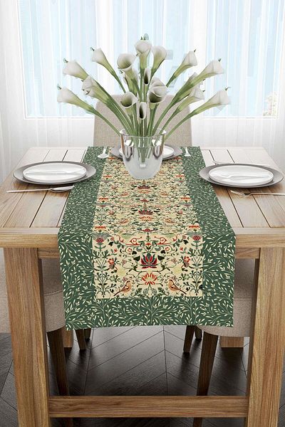 Cango Home Green Motif Flower Bird Patterned Digital Printed Runner Cgh1379-rn