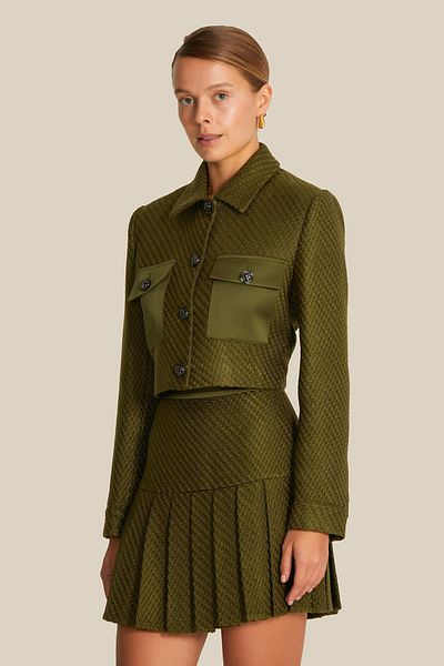 rue Pleated Khaki Mini Tweed Skirt