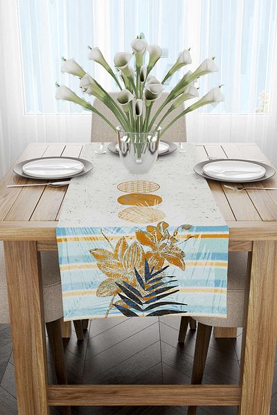 Cango Home Yellow Blue Bohemian Leaf Patterned Digital Printed Runner Cgh934-rn